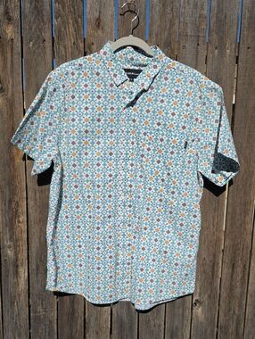 Short-Sleeve Geometric White Button-Down Shirt - Teal Brown Gold 100% Cotton